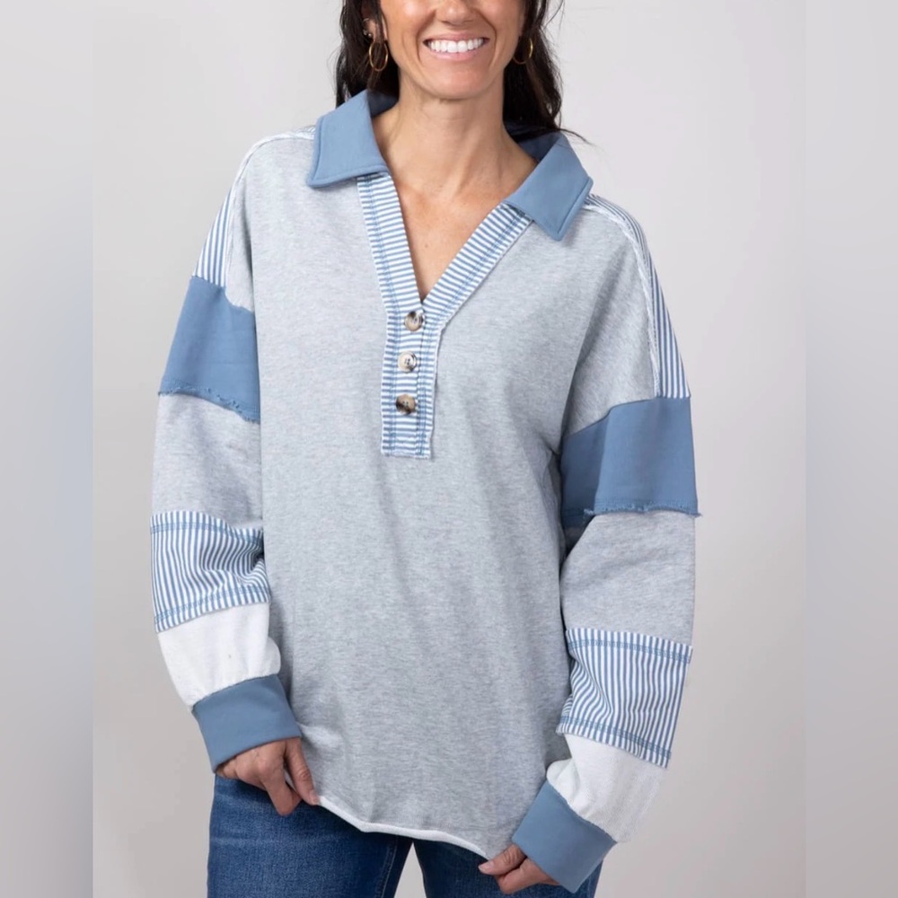 NWT New In Striped Panel Collared Pullover in Heather Gray and Dusty Blue